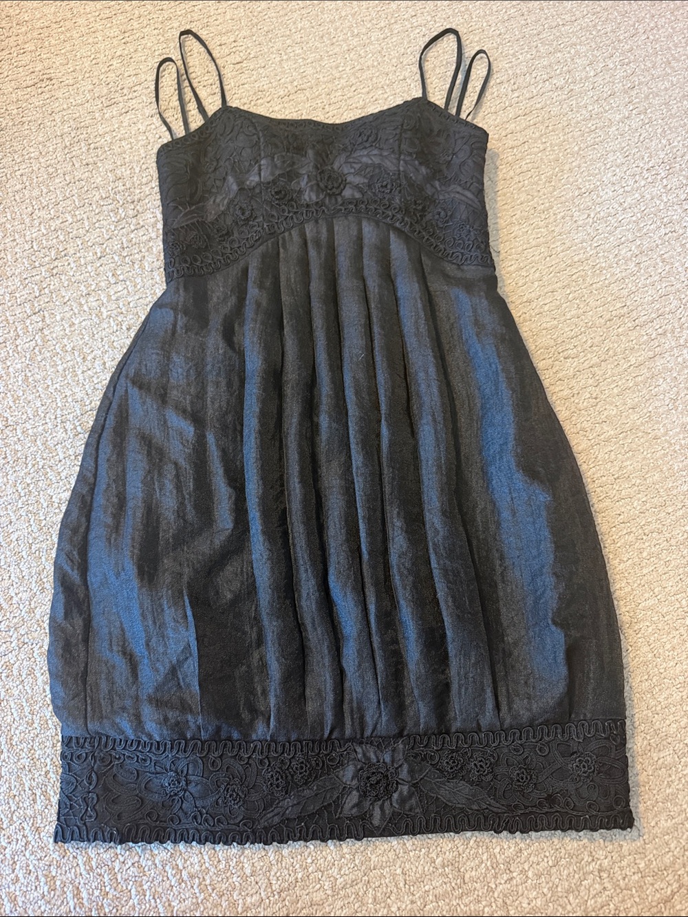 Sue Wong Black Double-Spaghetti Lace-Trim Mini Dress